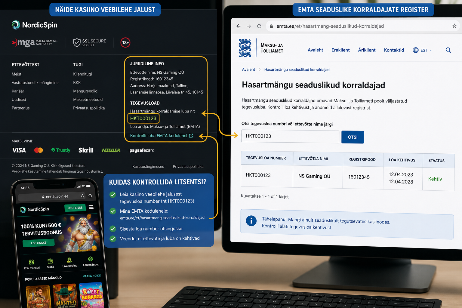 Online kasiino litsentsi kontrollimine EMTA andmebaasist