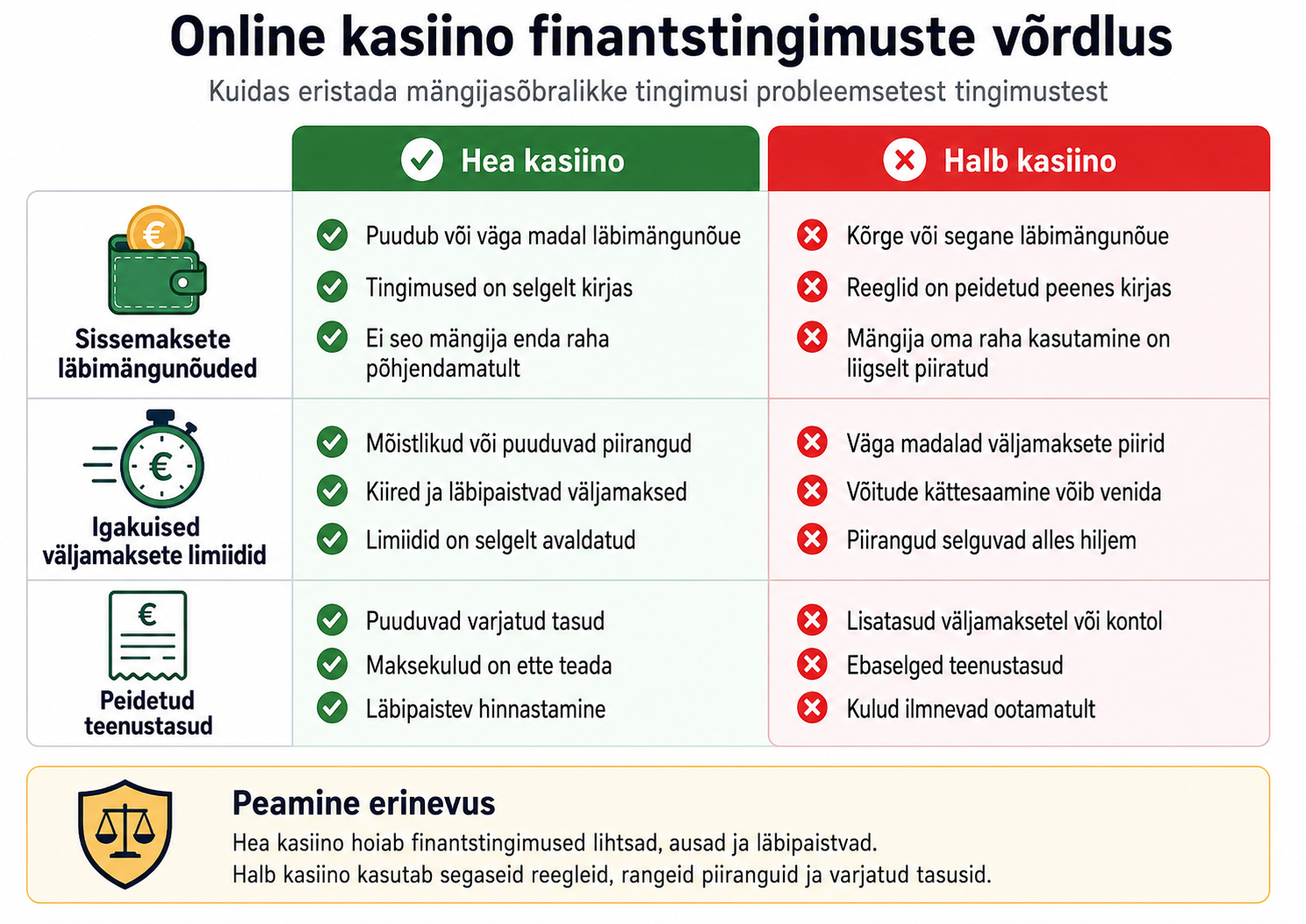 Finantstingimuste ja väljamaksete reeglite võrdlus online kasiinodes