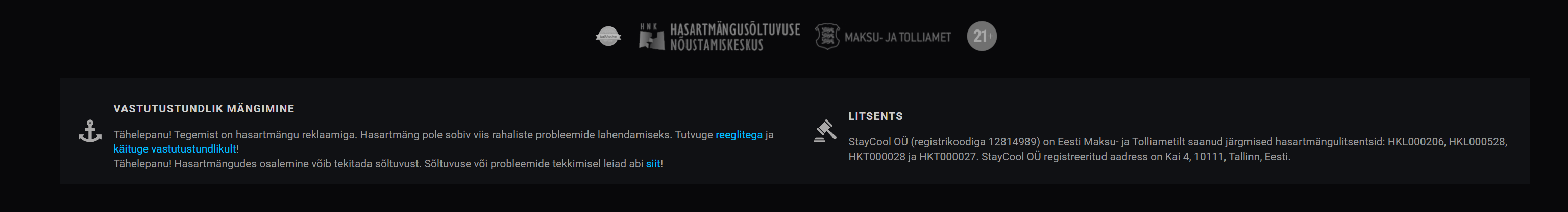Online kasiino litsentsi kontrollimine veebilehe jaluses