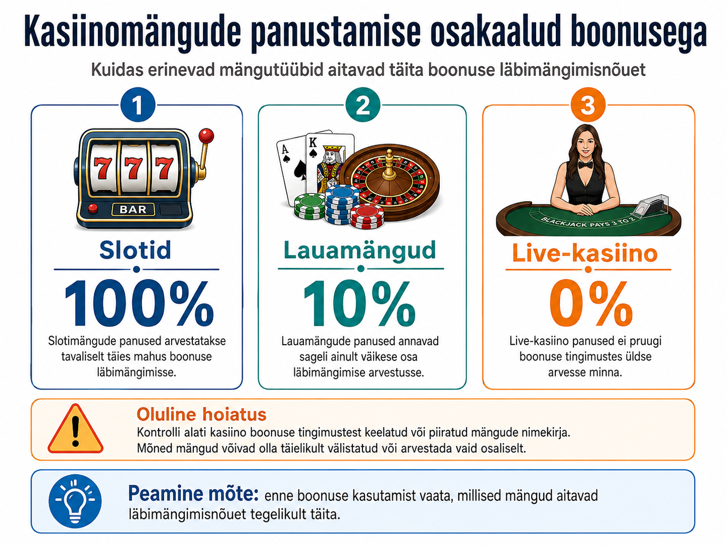 Kasiinomängude panustamise osakaalud ja piirangud boonuste kasutamisel